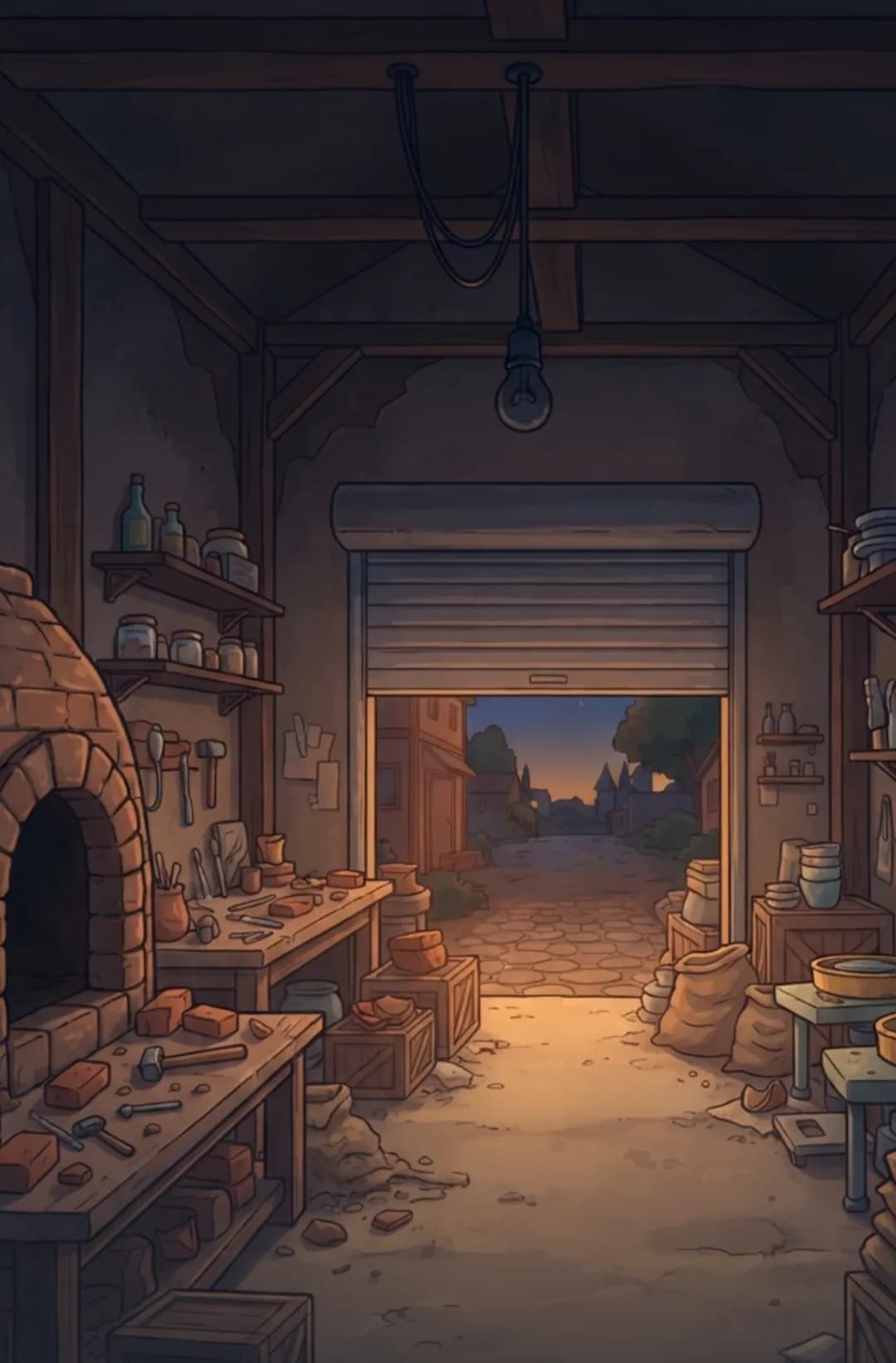 The Boss's garage: a brick kiln, a workbench with tools, shelves of jars, the roller door open to an evening street