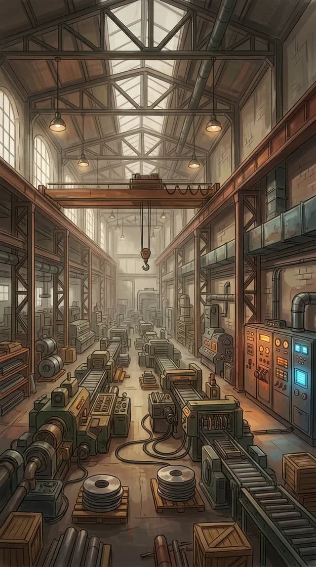 A plant: a long hall with machines and a conveyor