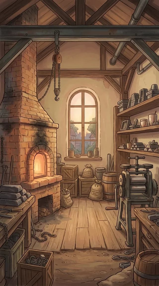 A room with a forge, a hand rolling mill and shelves of blanks