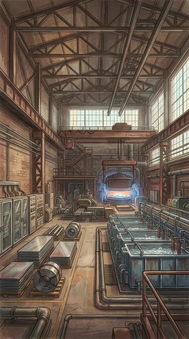 A shop floor: a bay with a crane, a furnace, tanks, coils and rolled sheets