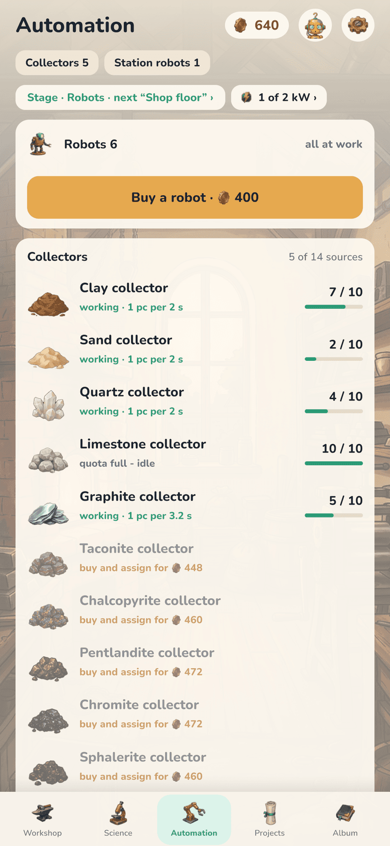 The Automation screen: the clay, sand, quartz and graphite collectors are working, the limestone collector has hit its quota of 10 and stopped