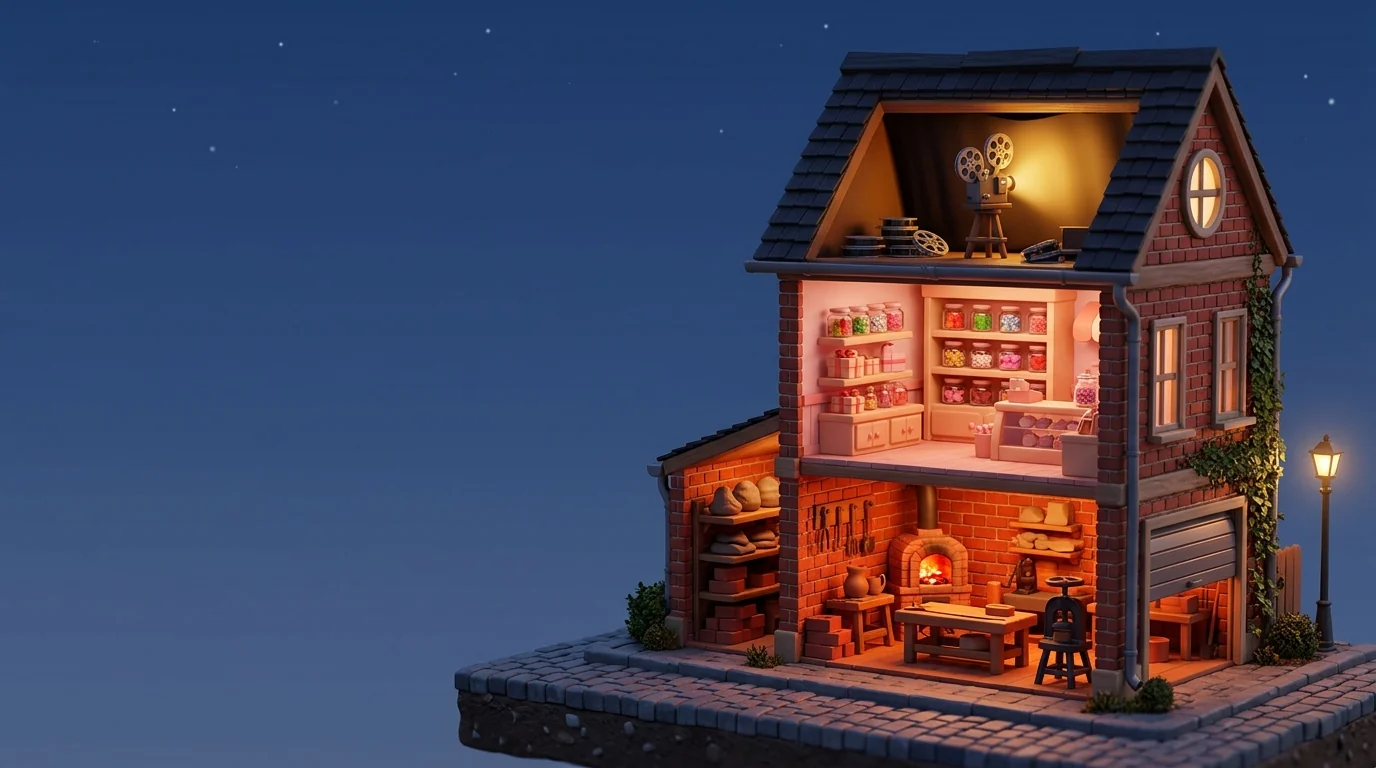 Cutaway of the studio's house at night: a projection booth in the attic, a sweet shop below it, and a garage with a brick kiln at the bottom.