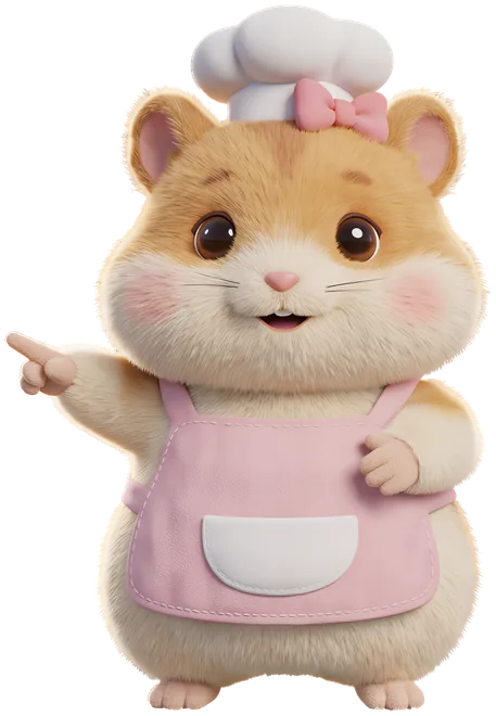 Iriska in a chef's hat and apron points a paw at the game screens.