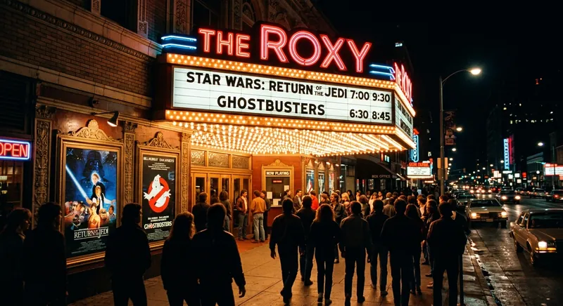 A night queue outside a cinema under the marquee lights.