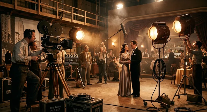 A sound stage: spotlights, a boom microphone, a couple in evening dress.
