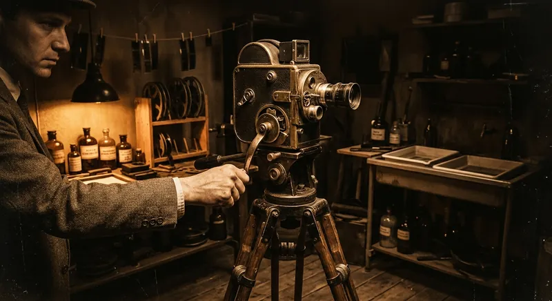 A cameraman cranks a film camera in a dark workshop.