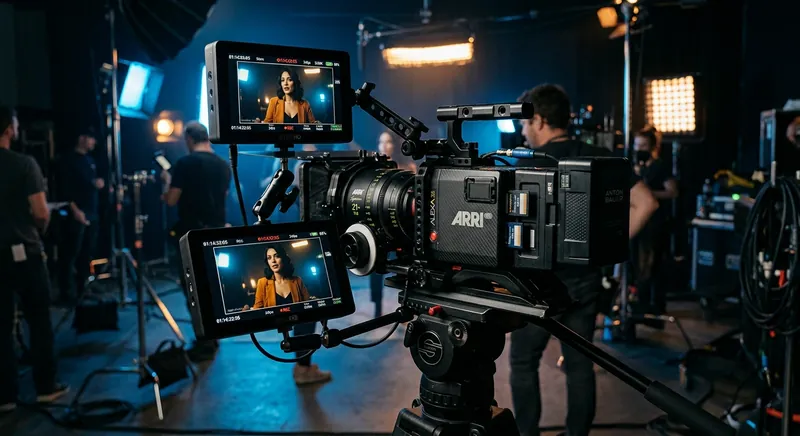 A film set: a digital camera and a monitor showing an actress in frame.