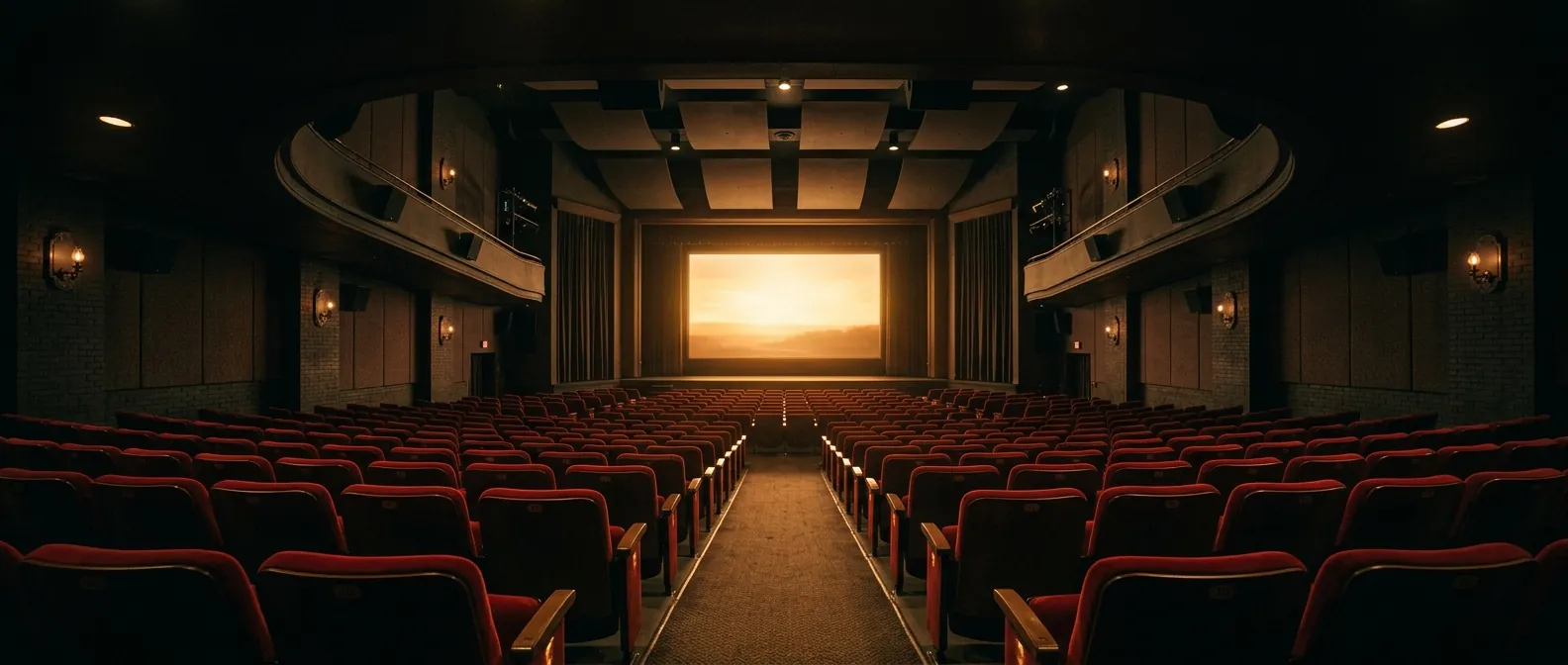 An empty cinema with red seats and projector light on the screen.
